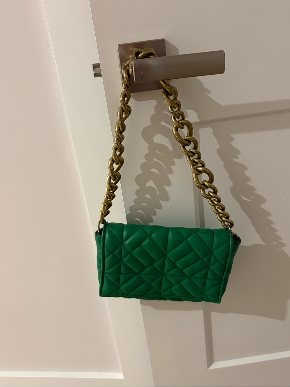 Zara Emerald Green Quilted Shoulder Bag with Gold Chain